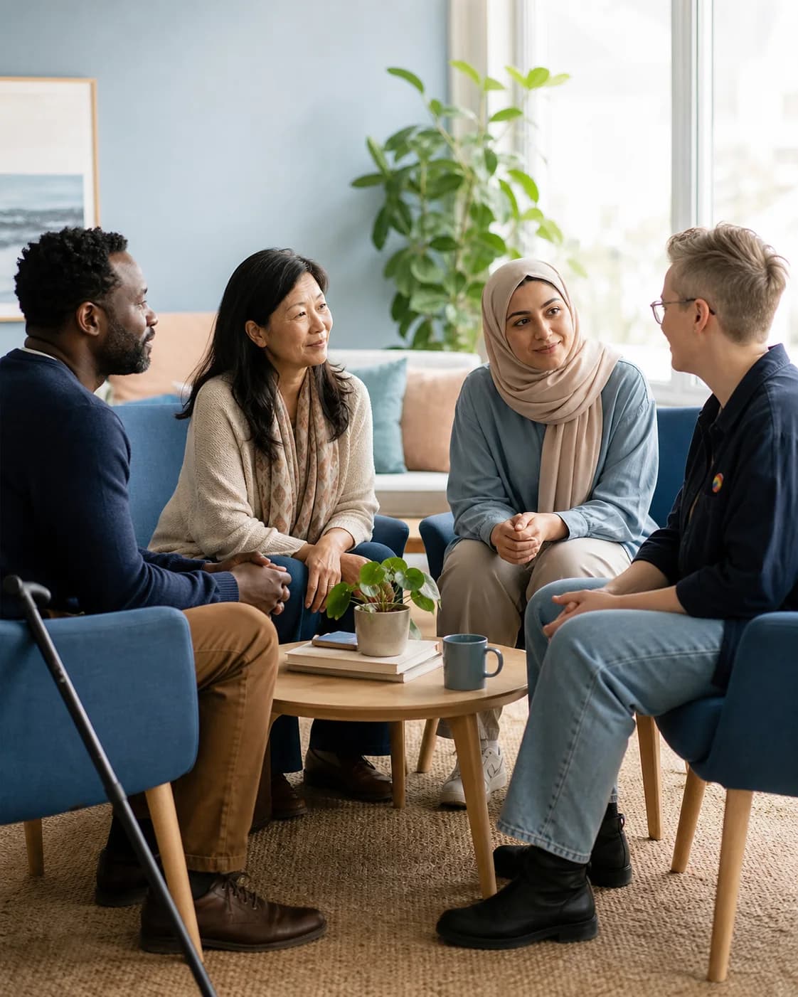 A diverse group of adults sharing a relaxed conversation in a sunlit community space